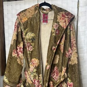 Johnny Was Floral Hooded Sherpa Lined Wrap Robe with Pink Blooms Size L/XL